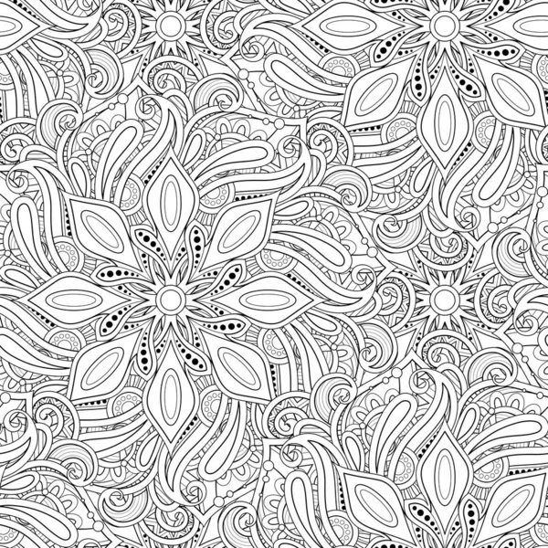 Monochrome Seamless Pattern with Mandala Motifs. Paisley Indian Endless Texture. Coloring Book Page. Vector Contour Illustration