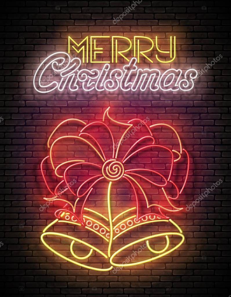 Glow greeting card with two christmas bells, bow and inscription merry christmas on brick wall background. shiny template for poster. vector 3d illustration.