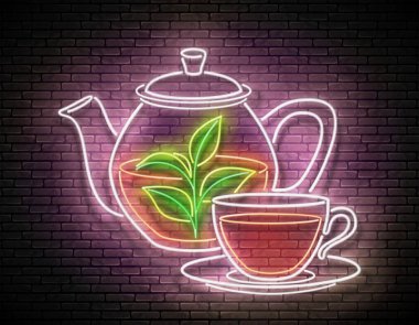Glass Tea Pot, Cup ve Plant dallı klasik Parlak Pano. Duvarın arkasında Cafe Label var. Poster için Parlak Şablon. Vektör 3d Görüntü. 