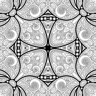 Mozaik Motifli Monokrom Dikişsiz Desen. Paisley Hint Tarzı Sonsuz Çiçek Doku. Kiremit Etnik Arka Plan. Boyama Kitabı Sayfası. Soyut Mandala Sanat