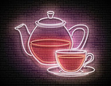 Duvarında Glass Tea Pot ve Cup resmi olan klasik bir Parlak Pano. Poster için Parlak Şablon. Vektör 3d Görüntü. 