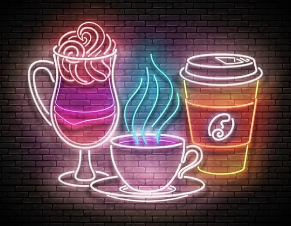 Vintage Glow Signboard Cups Coffees Cafe Label Brick Wall Background — 스톡 벡터