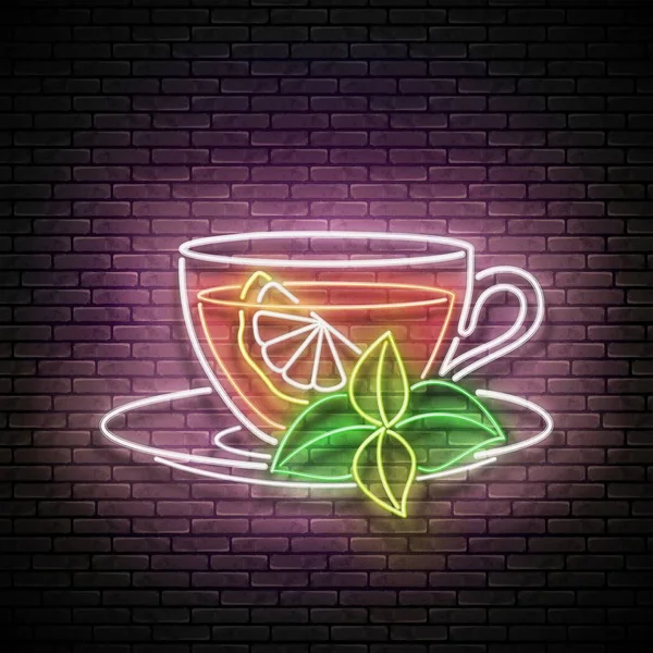 Çay Fincanlı Klasik Parlak Pano Limon Naneli Duvarın Arkasında Cafe — Stok Vektör