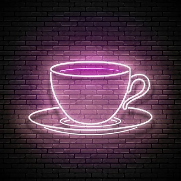 Vintage Glow Signboard Cup Coffee Cafe Label Brick Wall Background — 스톡 벡터