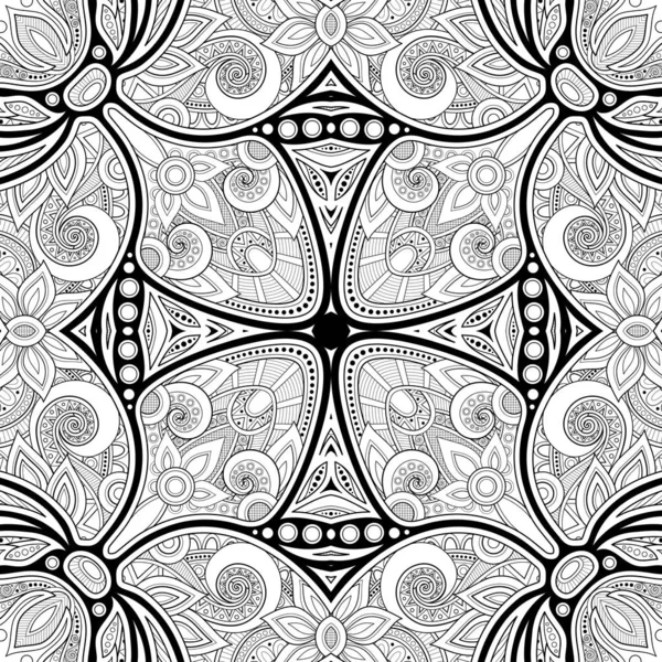 Monokromt Sömlöst Mönster Med Mosaik Motiv Oändlig Blommig Konsistens Paisley — Stock vektor