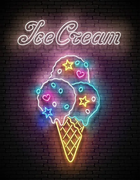 古色古香的发亮的海报 在锥形的冰淇淋球和糖果在砖墙的背景上的铭文 新模板的海报 矢量3D说明 — 图库矢量图片