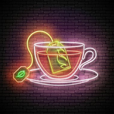 Kadehte demlenmiş çay poşeti olan klasik Parlak Pano. Duvarın arkasında Cafe Label var. Poster için Parlak Şablon. Vektör 3d Görüntü. 