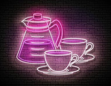 Kahve kabı ve fincanlı klasik Parıltı Panosu. Cafe Label, Sabah İçkisi. Neon Posteri