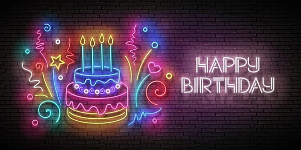 レンガの壁の背景にConfettiとHappy Birthday Inscriptでケーキとキャンドルとグローグリーティングカード ポスター用の光沢のあるテンプレート ベクトル3Dイラスト — ストックベクタ