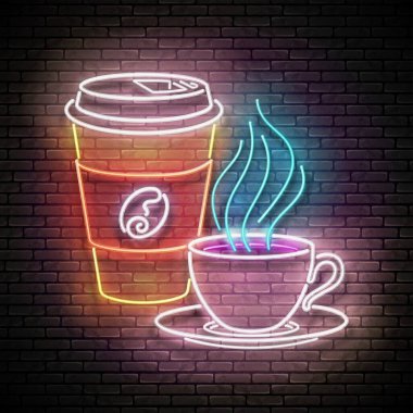 Tuğla Duvar Arkaplan 'da kahve fincanları olan klasik Parlak Pano. Cafe Label. Neon Poster. Vektör 3d Görüntü