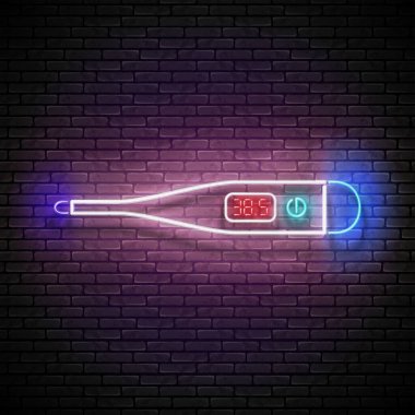 Ateşli Işıltılı Dijital Termometre. Hastalık Teşhisi Şablonu. Parlak Neon Işık Posteri