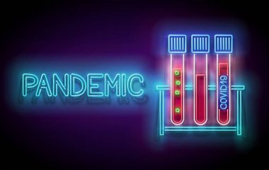 Parlak tıbbi test tüpleri ve kovid19 'da pozitif kan bulunan neon posterler. Laboratuvar test konsepti şablonu. Yazılı pandemik kavram.