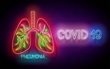 Pnömoni ile parlayan insan ciğerleri, covid 19 virüs kirliliği. Üstünde yazı olan salgın bir kavram. akciğer kliniği, florografi ve organ taraması. 
