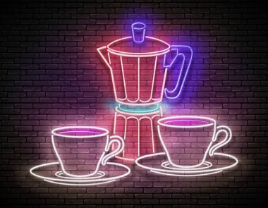 Kahve fincanları ve gayzer kahve makineli klasik Glow Signboard. Cafe Label. Tuğla Duvar Vektör 3d Görüntü.