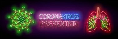 Coronavirus patojeni ve insan akciğerli parlayan koronavirüs önleme tabelaları. Viral zatürree konsepti. Virüs salgını bilgilendirme şablonu. 