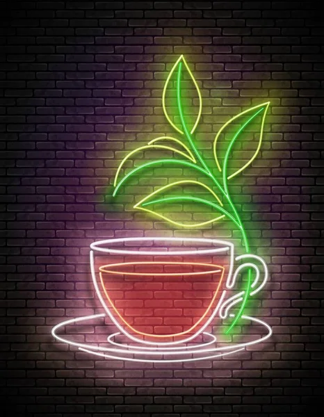グラスティーカップと植物の枝とヴィンテージグロー看板 レンガの壁の背景にカフェラベル ポスター用の光沢のあるテンプレート ベクトル3Dイラスト — ストックベクタ