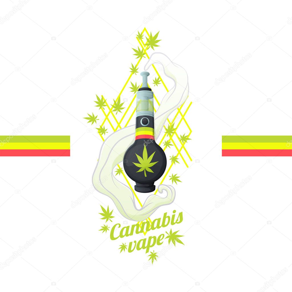 Bong in the form of a vape. Surrounded by leaves of medical marijuana and smoke. On a white background. Can be used as a print for T-shirts and textiles