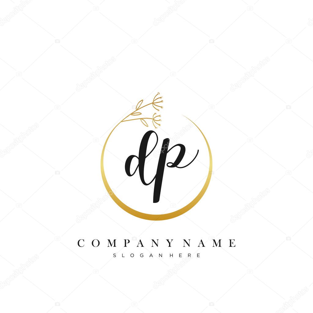 Initial Letter DP handwriting logo with Circle Flower vector.