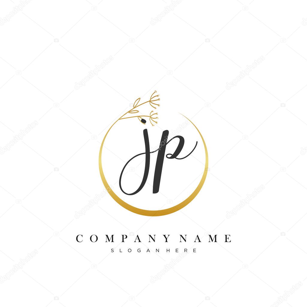 JP Initial handwriting logo with Circle Flower vector.