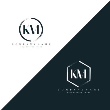 KM Initial Letter Circle Brush & Hexagon Brush Logo Template Vector
