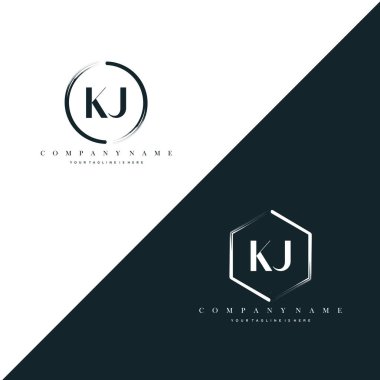KJ Initial Letter Circle Brush & Hexagon Brush Logo Template Vector