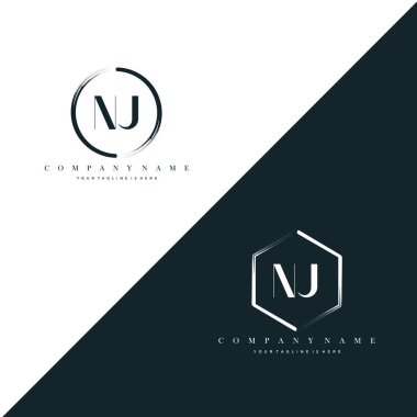 NJ Initial Letter Circle Brush & Hexagon Brush Logo Template Vector