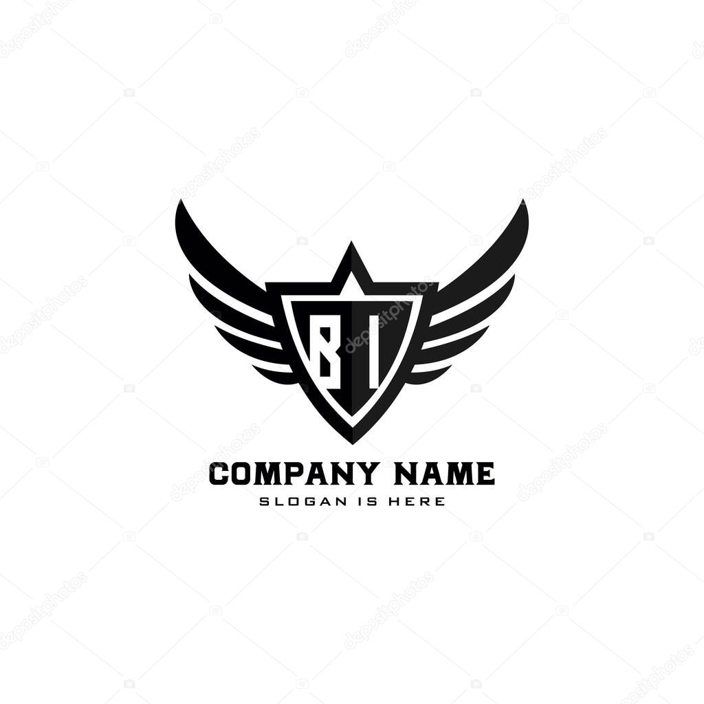 Initial letters BI shield with wings shape black monogram logo vector