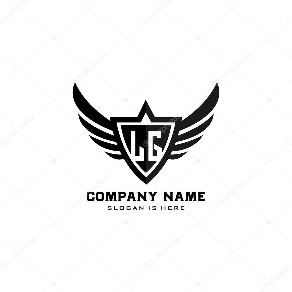 Initial letters LG shield with wings shape black monogram logo vector