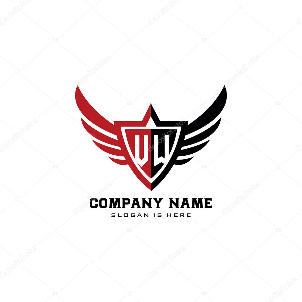 Initial letters VW shield with wings shape black monogram logo vector