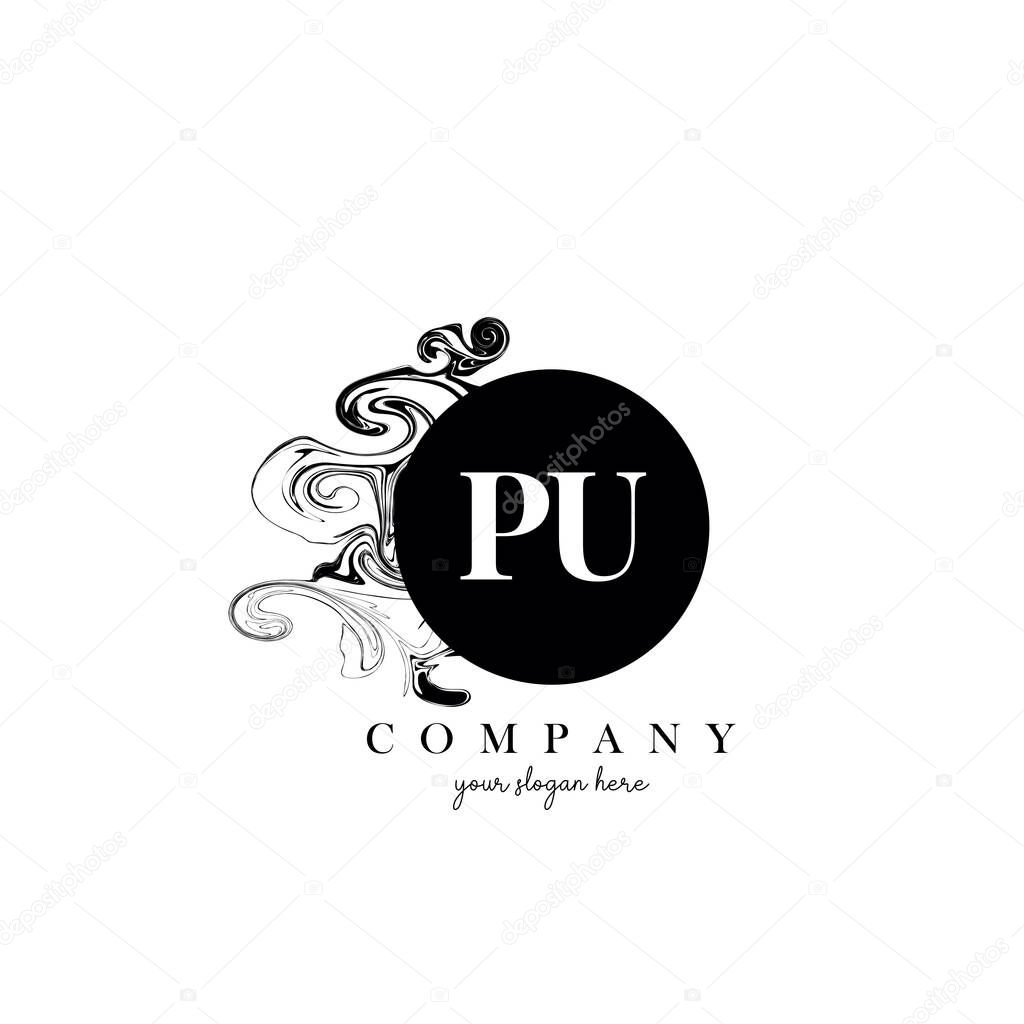 PU Initial Letter Logo Design with Ink Cloud Flowing Texture Vector.