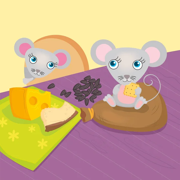 Миші Їжте насіння і сир — стоковий вектор