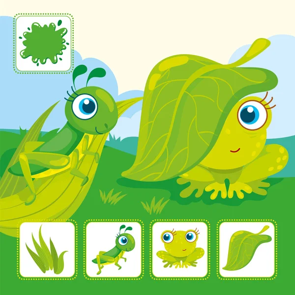 Green Grasshopper With Frog — Stock Vector