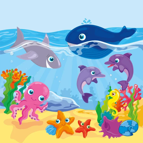 Mignon Cartoon Marine Habitants — Image vectorielle