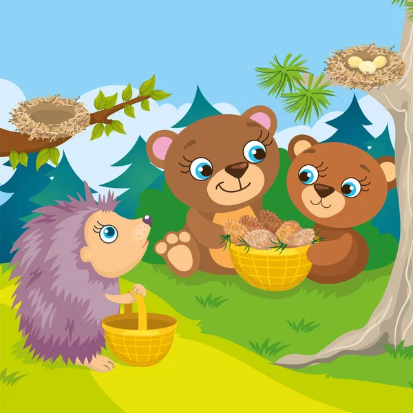 Two Bears And Hedgehog — Stock Vector