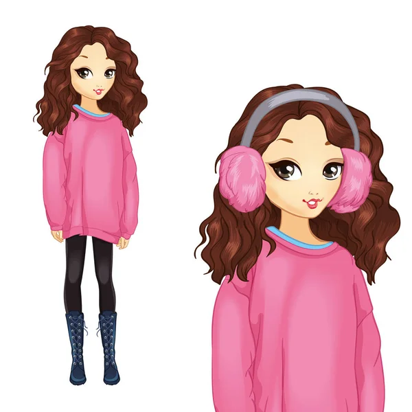 Dziewczyna w Oversize różowy sweter — Wektor stockowy