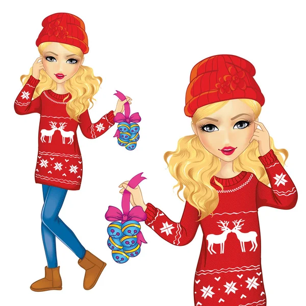 Chica con decoraciones de Navidad — Vector de stock