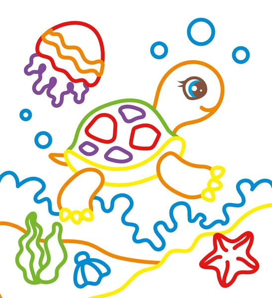 Livro de colorir de tartaruga com água-viva —  Vetores de Stock