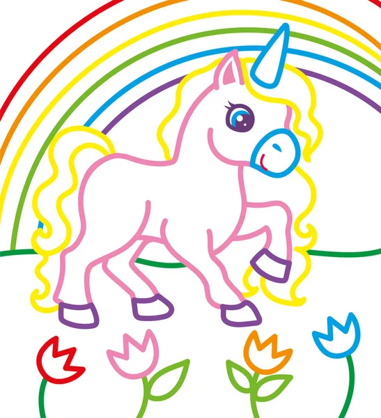 Libro da colorare di unicorno vicino arcobaleno — Vettoriale Stock