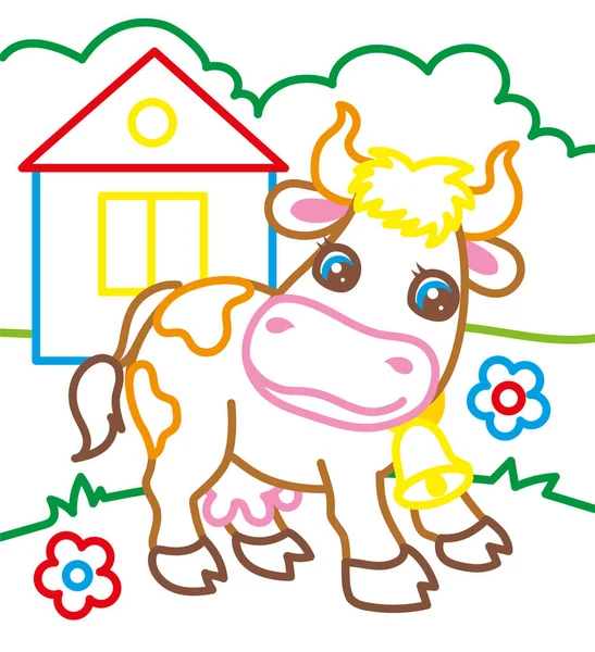 Coloring Book Of Cow On Farm — Stock Vector