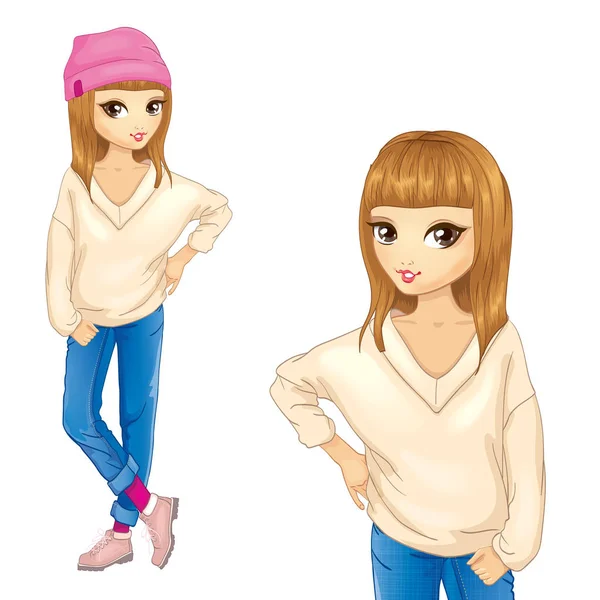 Девушка в белом свитере и розовой кепке — стоковый вектор