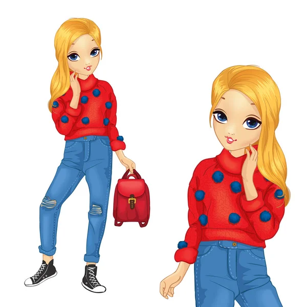 Κορίτσι με το κόκκινο πουλόβερ με μπλε φούντες — Διανυσματικό Αρχείο