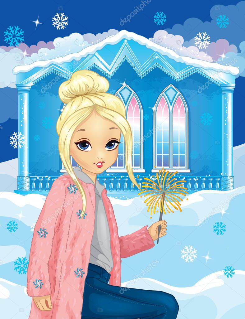 Girl dressed in pink fur coat and blue jeans holds a sparkler on the background of the winter house