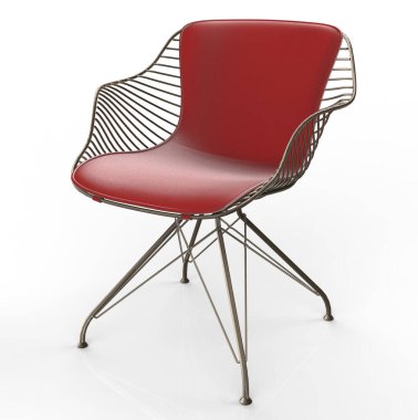 Beyaz arka planda kırmızı deri koltuklu modern metal tel sandalye. 3d hazırlayıcı