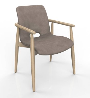 Tekstil koltuğu ve beyaz arka planda tahta bacakları olan modern bir sandalye. 3d hazırlayıcı