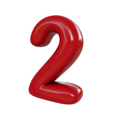 Parlak kırmızı iki numara, iki. Kabarcık yazıtipinin 3B görüntüsü beyaz arkaplanda izole edildi