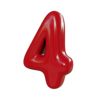 Dört numaralı parlak kırmızı, dört numara. Kabarcık yazıtipinin 3B görüntüsü beyaz arkaplanda izole edildi