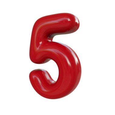 Parlak kırmızı numara beş, beş. Kabarcık yazıtipinin 3B görüntüsü beyaz arkaplanda izole edildi