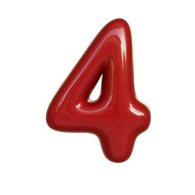 Dört numaralı parlak kırmızı, dört numara. Kabarcık yazıtipinin 3B görüntüsü beyaz arkaplanda izole edildi