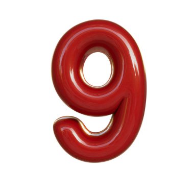 Parlak kırmızı dokuz numara, dokuz. Kabarcık yazıtipinin 3B görüntüsü beyaz arkaplanda izole edildi