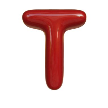 Kabarcık yazı tipinin T-3D parlak kırmızı boya harfi. Beyaz arkaplanda izole edilmiş.